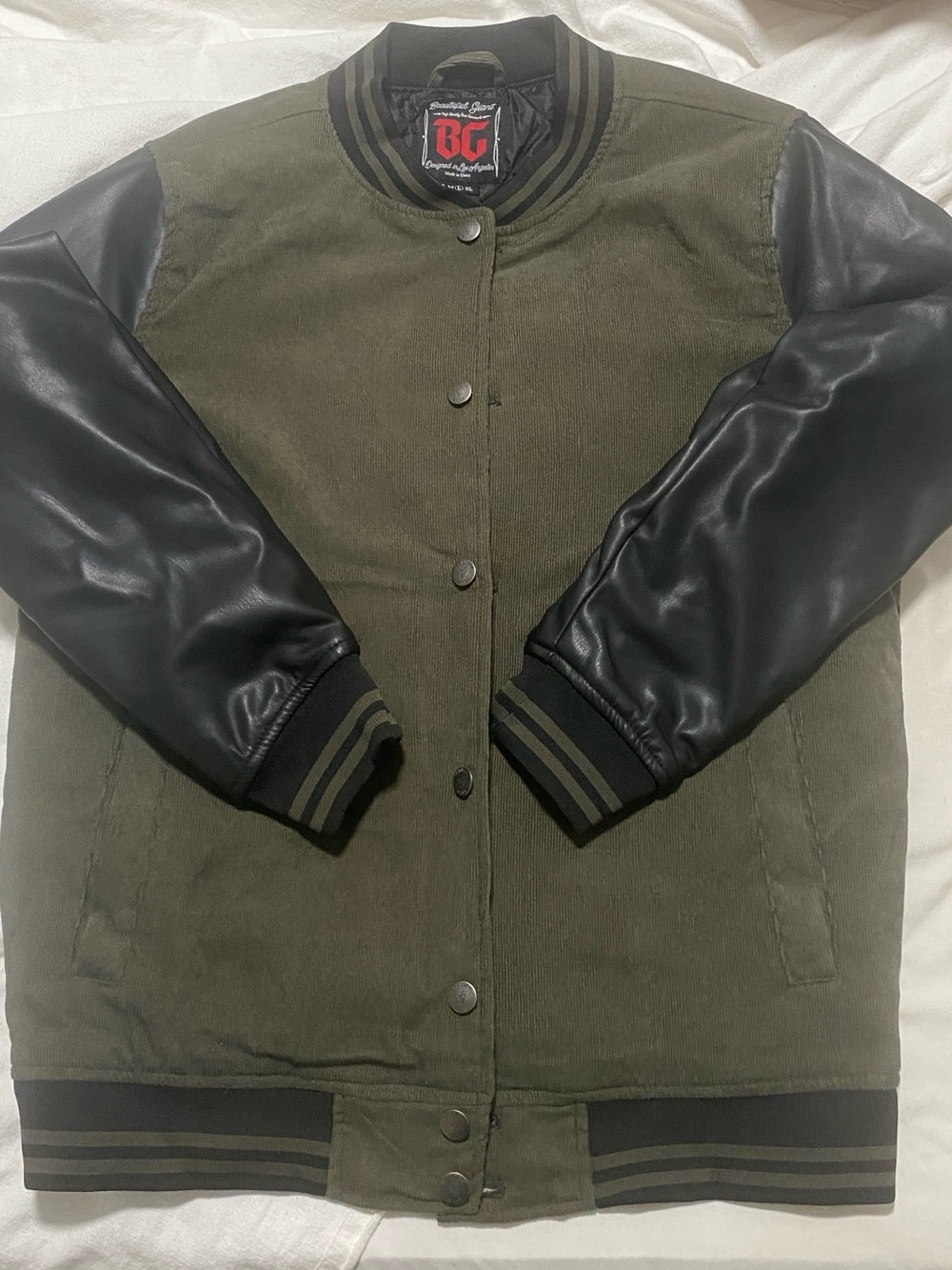 BG Olive and Black Varsity Bomber Jacket corduroy & faux leather